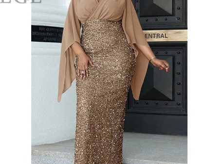 2023 Plus Size Luxury Dress Shiny Chiffon Loose Sherfang Plus Size Elegant Banquet Midi V Neck Dress Supply