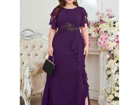 Plus Size Summer Purple Red Chiffon Dress Luxury Wedding Ruffle Applique Plus Size Crew Neck Mixi Dress For Women Hot on Sale