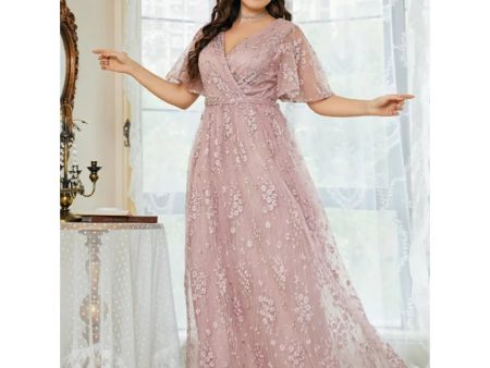 2023 Plus Size V Neck Embroidered Pink Loose Dress 5XL6XLMaxi Loose Elegant Party Party Chiffon Lace Dress For Sale