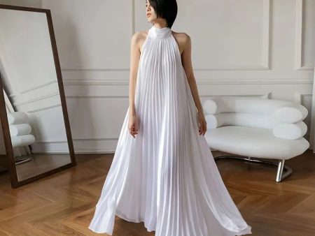 Women Summer 2023 White Beach Dress Sexy Pleated Dress Casual A-line Sundress O Neck Strap Sleeveless Party Long Robes Cheap